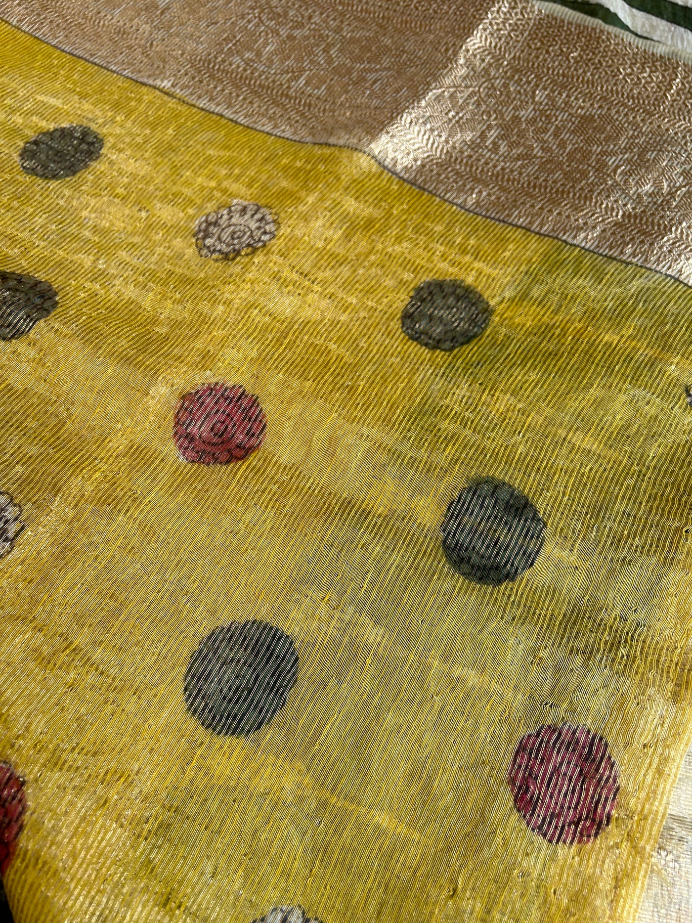 AADILAKSHMI:HAND DRAWN, HAND PAINTED PURE SILK-LINEN PEN KALAMKARI SAREE with meenakari border