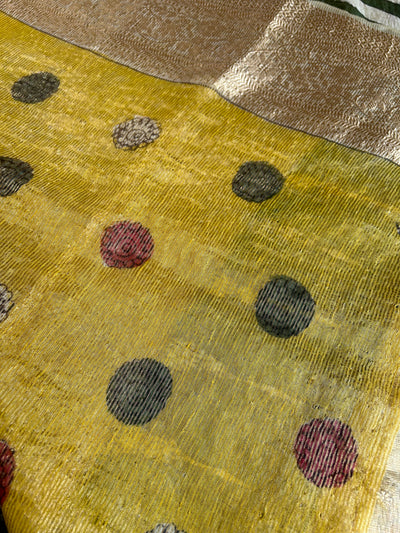 AADILAKSHMI:HAND DRAWN, HAND PAINTED PURE SILK-LINEN PEN KALAMKARI SAREE with meenakari border