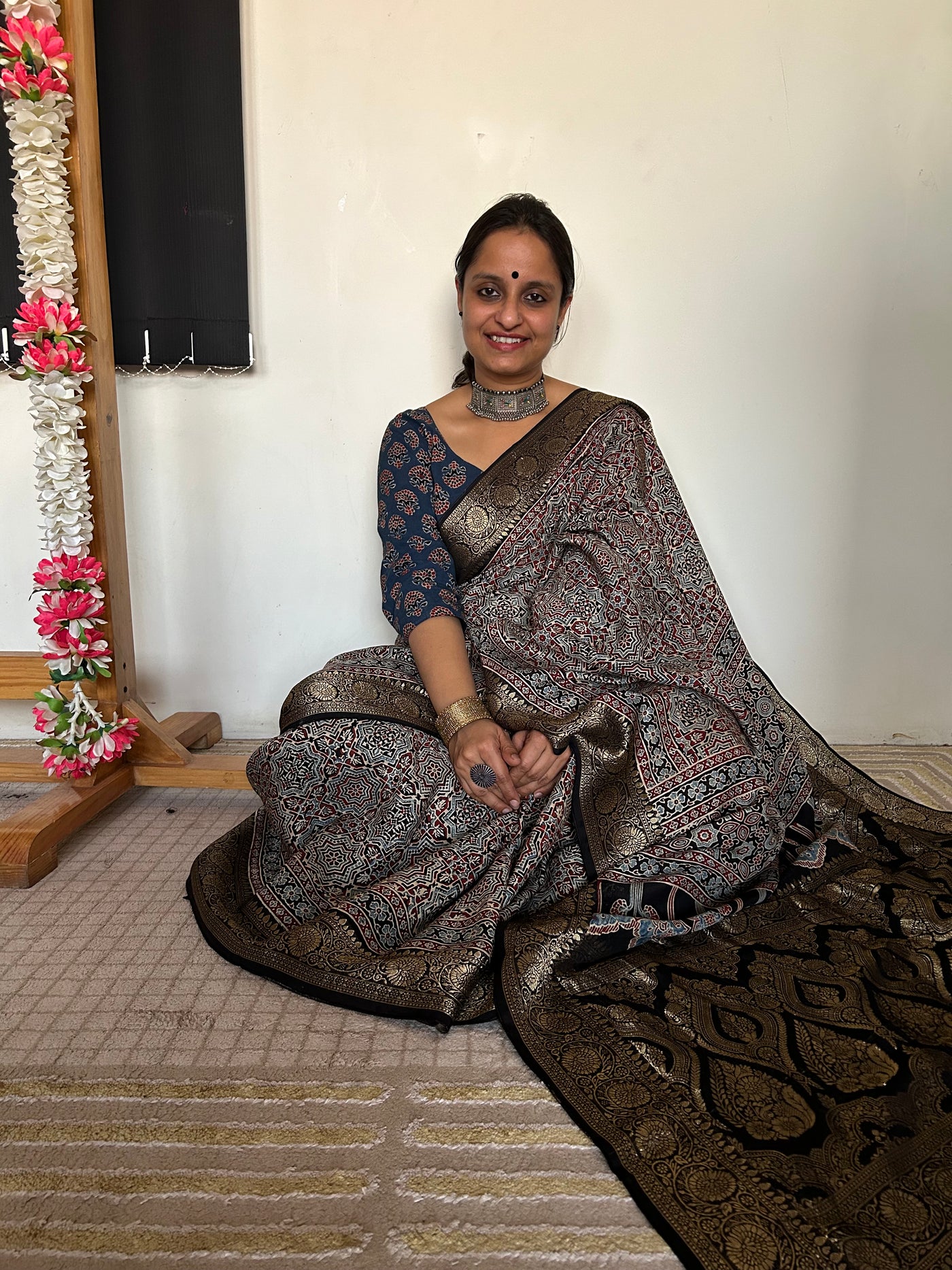 Raunak:Handmade Ajrakh Dola Silk Saree with Meenakari Pallu