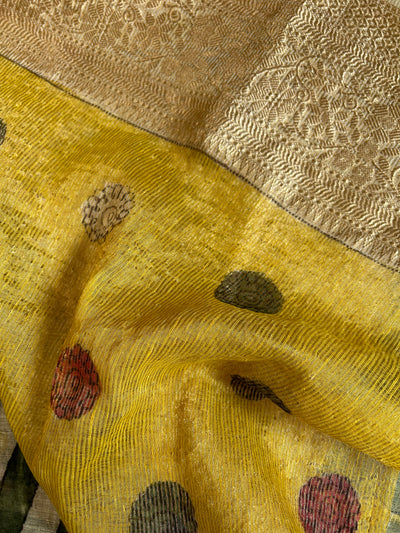 AADILAKSHMI:HAND DRAWN, HAND PAINTED PURE SILK-LINEN PEN KALAMKARI SAREE with meenakari border