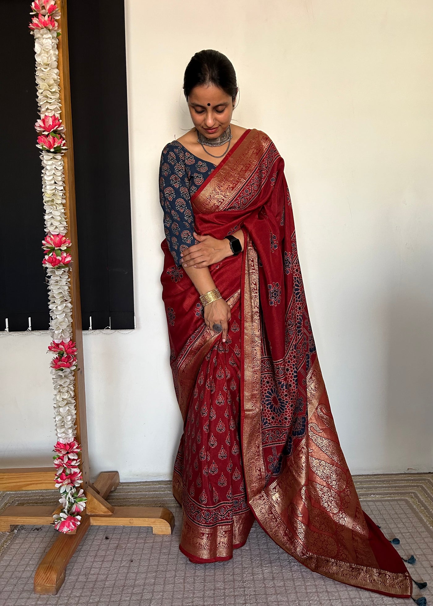 Nisha:Handmade Ajrakh Dola Silk Saree with Meenakari Pallu