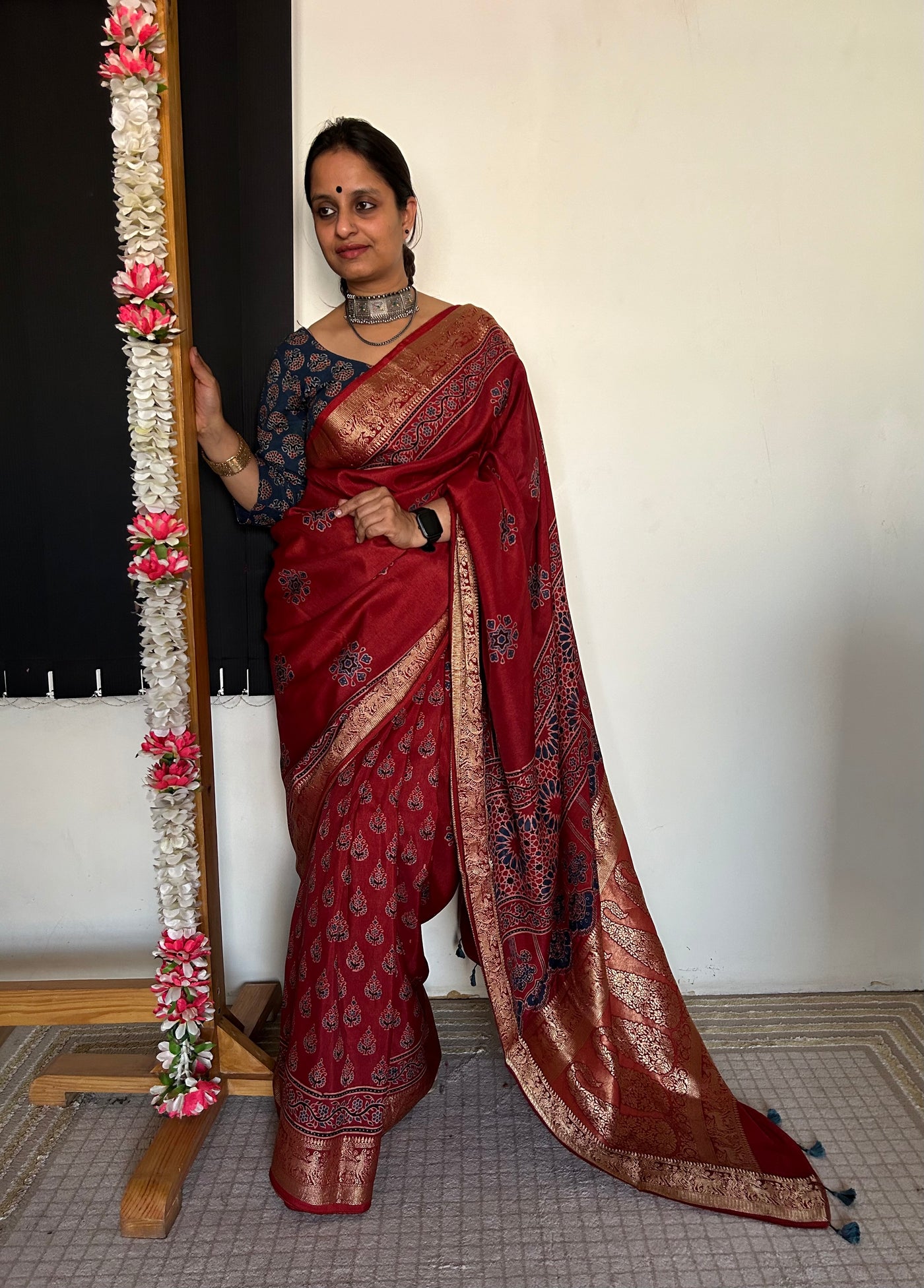 Nisha:Handmade Ajrakh Dola Silk Saree with Meenakari Pallu