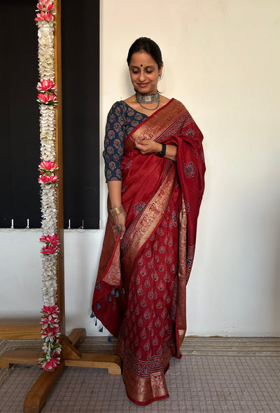 Nisha:Handmade Ajrakh Dola Silk Saree with Meenakari Pallu