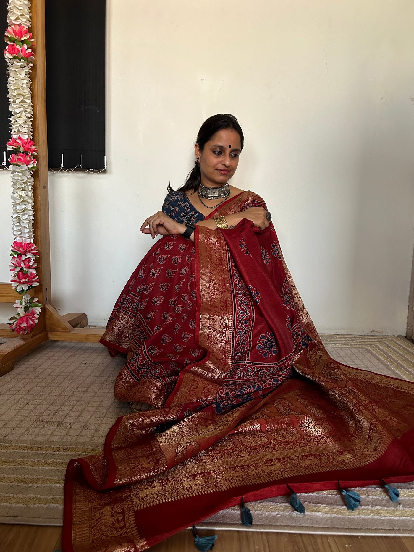 Nisha:Handmade Ajrakh Dola Silk Saree with Meenakari Pallu