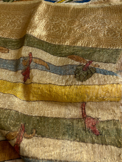 AADISHAKTI:HAND DRAWN, HAND PAINTED PURE SILK-LINEN PEN KALAMKARI SAREE with meenakari border