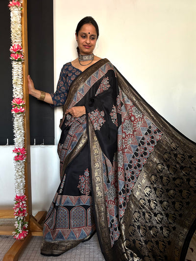 Neelima:Handmade Ajrakh Dola Silk Saree with Meenakari Pallu