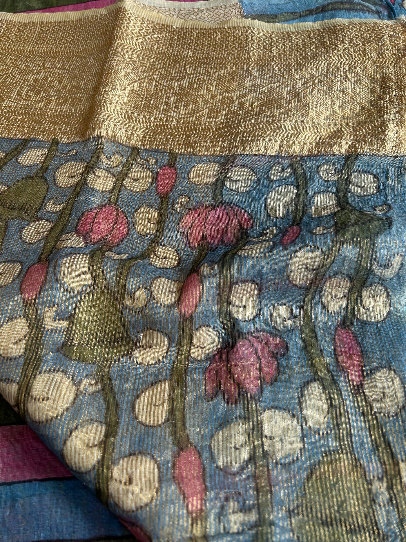 SHARDA:HAND DRAWN, HAND PAINTED PURE SILK-LINEN PEN KALAMKARI SAREE with meenakari border