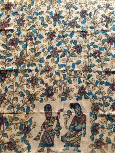 RAJDAR: FLORAL, HANDLOOM PURE TUSSAR-COTT PENKALAMKARI BLOUSE PIECE.