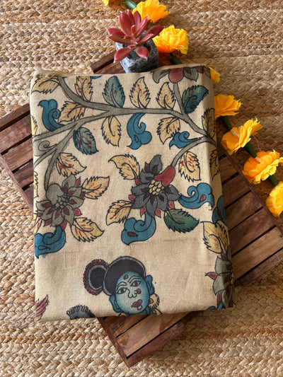 RAJDAR: FLORAL, HANDLOOM PURE TUSSAR-COTT PENKALAMKARI BLOUSE PIECE.