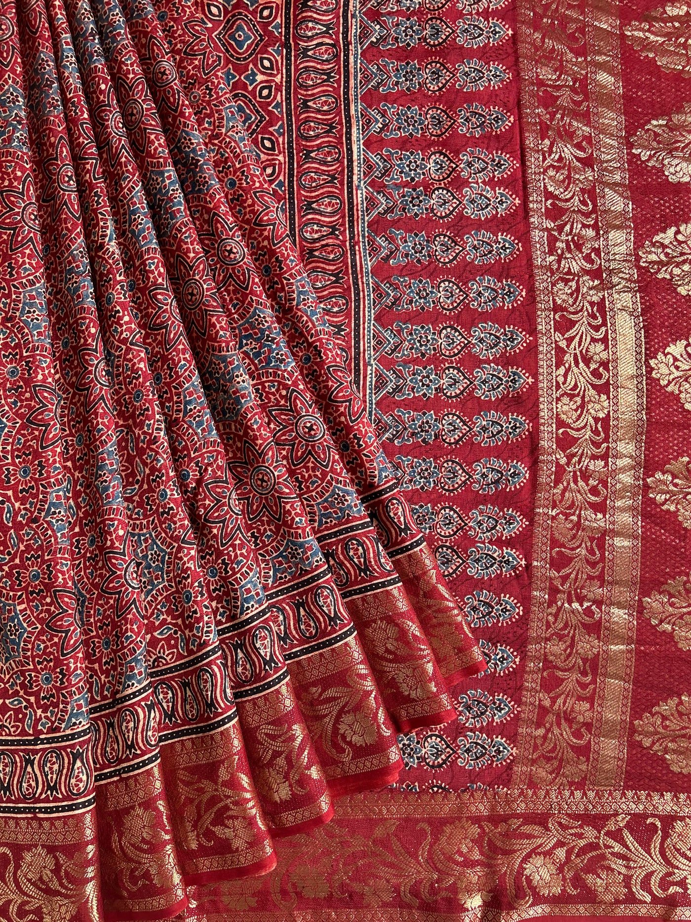 LEKHA: Handblock Dola silk ajrakh sari