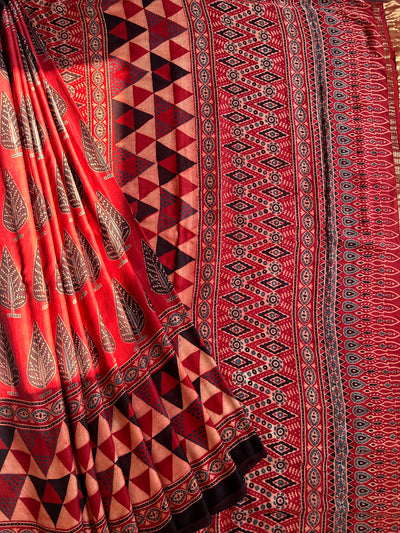 UTSAVI: Handblock Modal Silk Tissue Ajrakh Saree