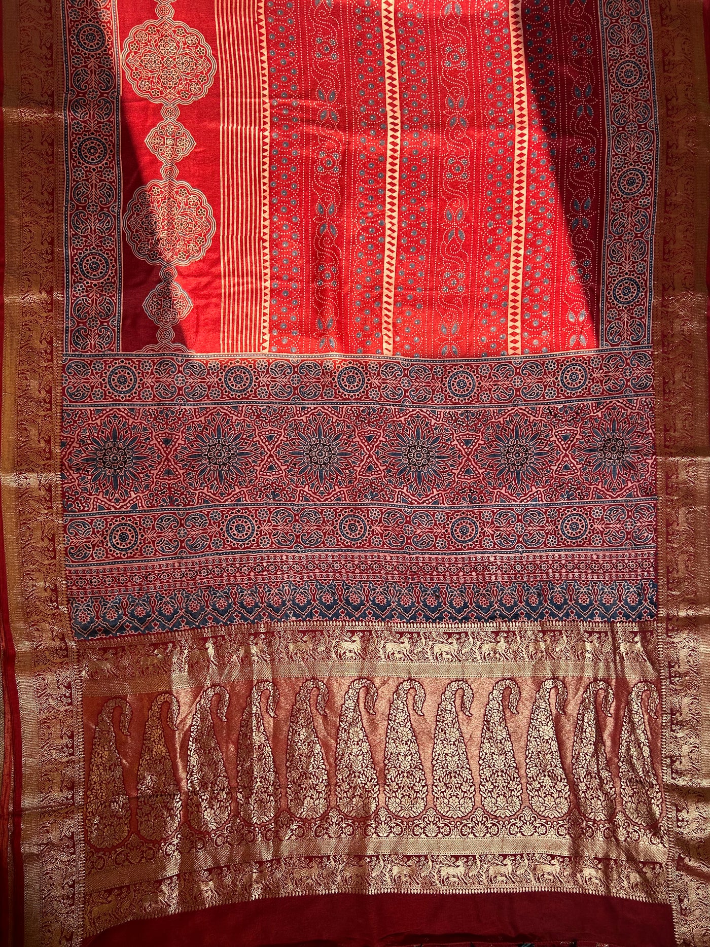 KUMKUM:Premium Dola SILK Meenakari Tissue Ajrakh