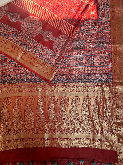 KUMKUM:Premium Dola SILK Meenakari Tissue Ajrakh