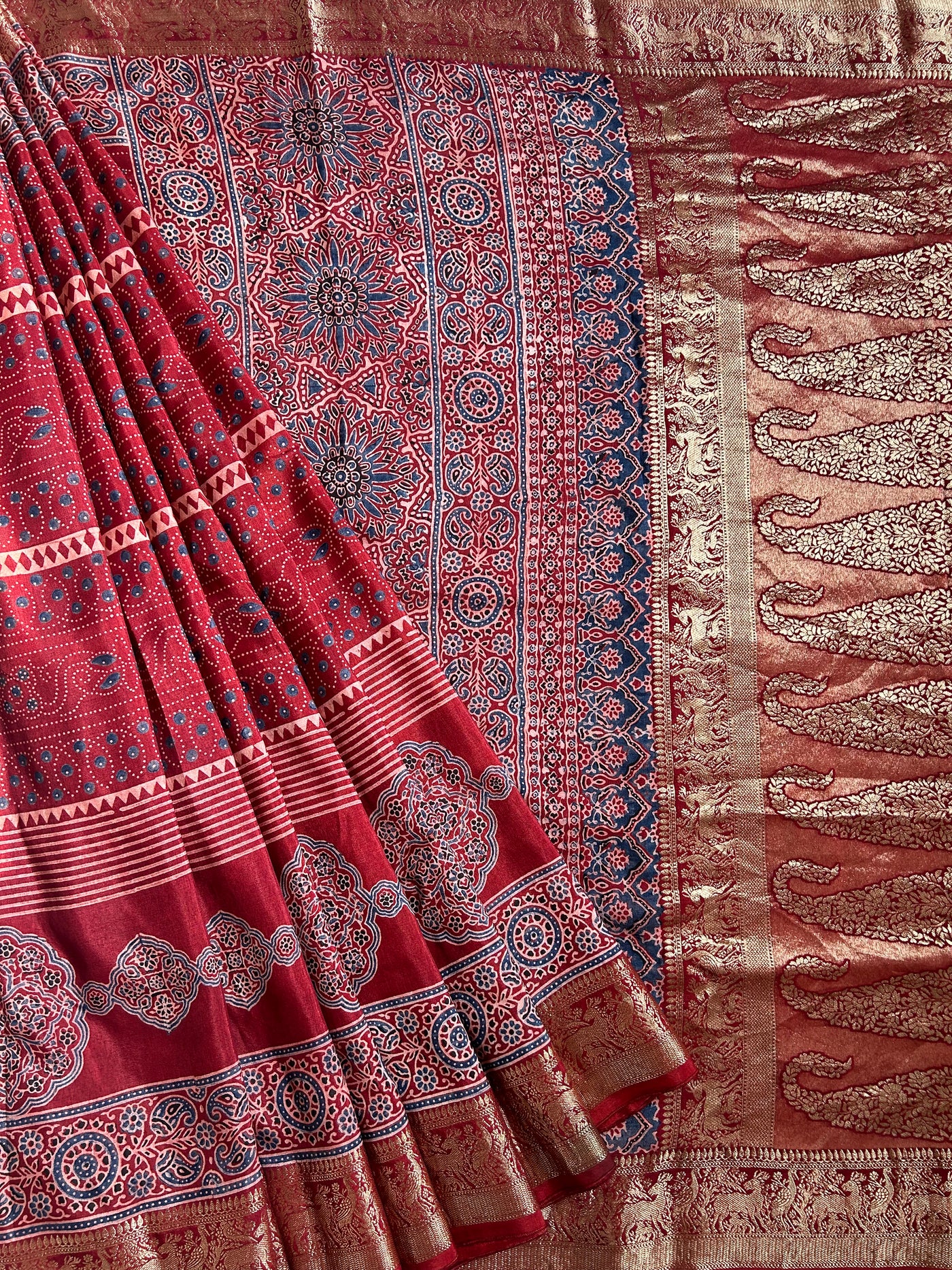 KUMKUM:Premium Dola SILK Meenakari Tissue Ajrakh