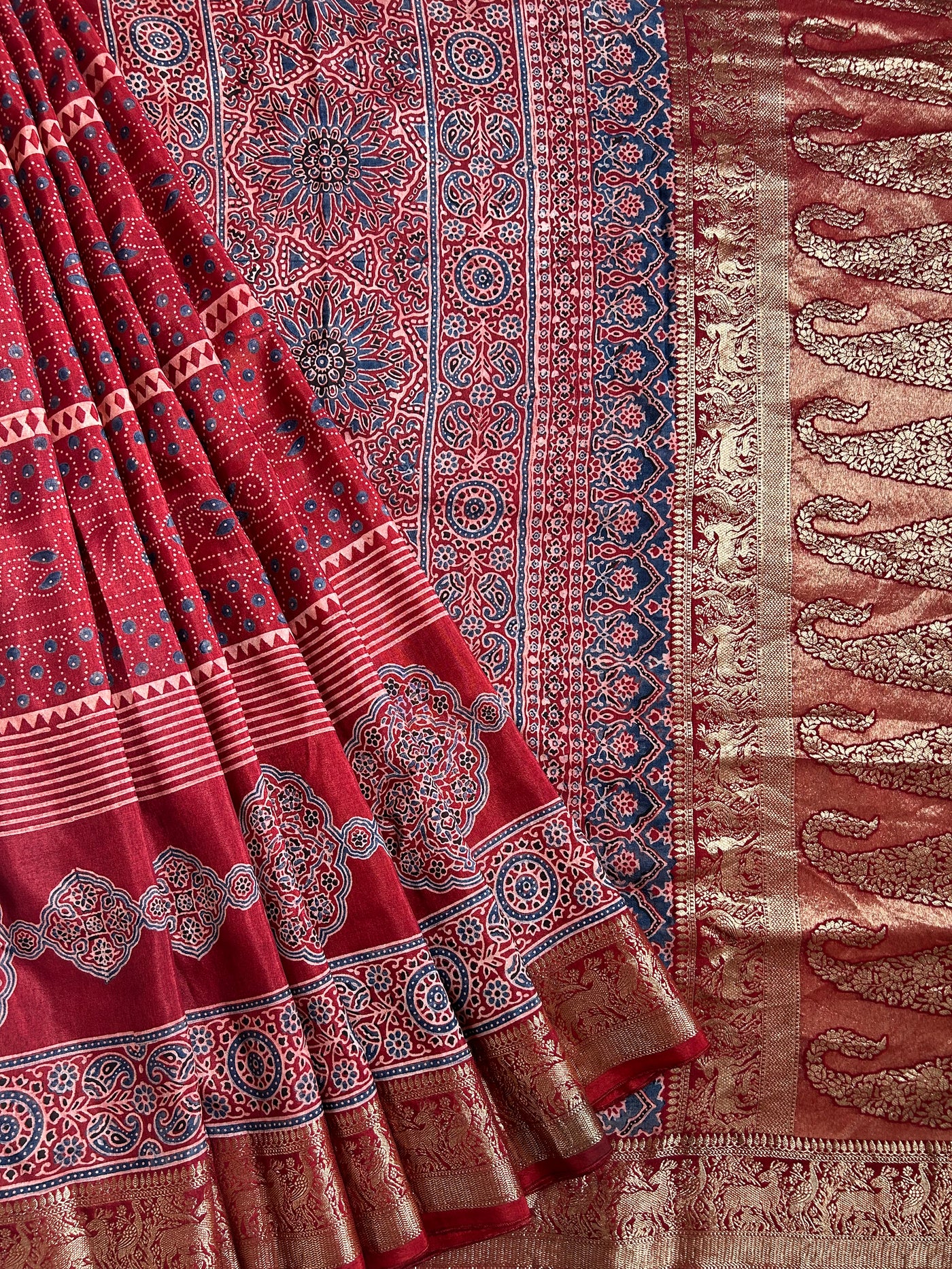 KUMKUM:Premium Dola SILK Meenakari Tissue Ajrakh