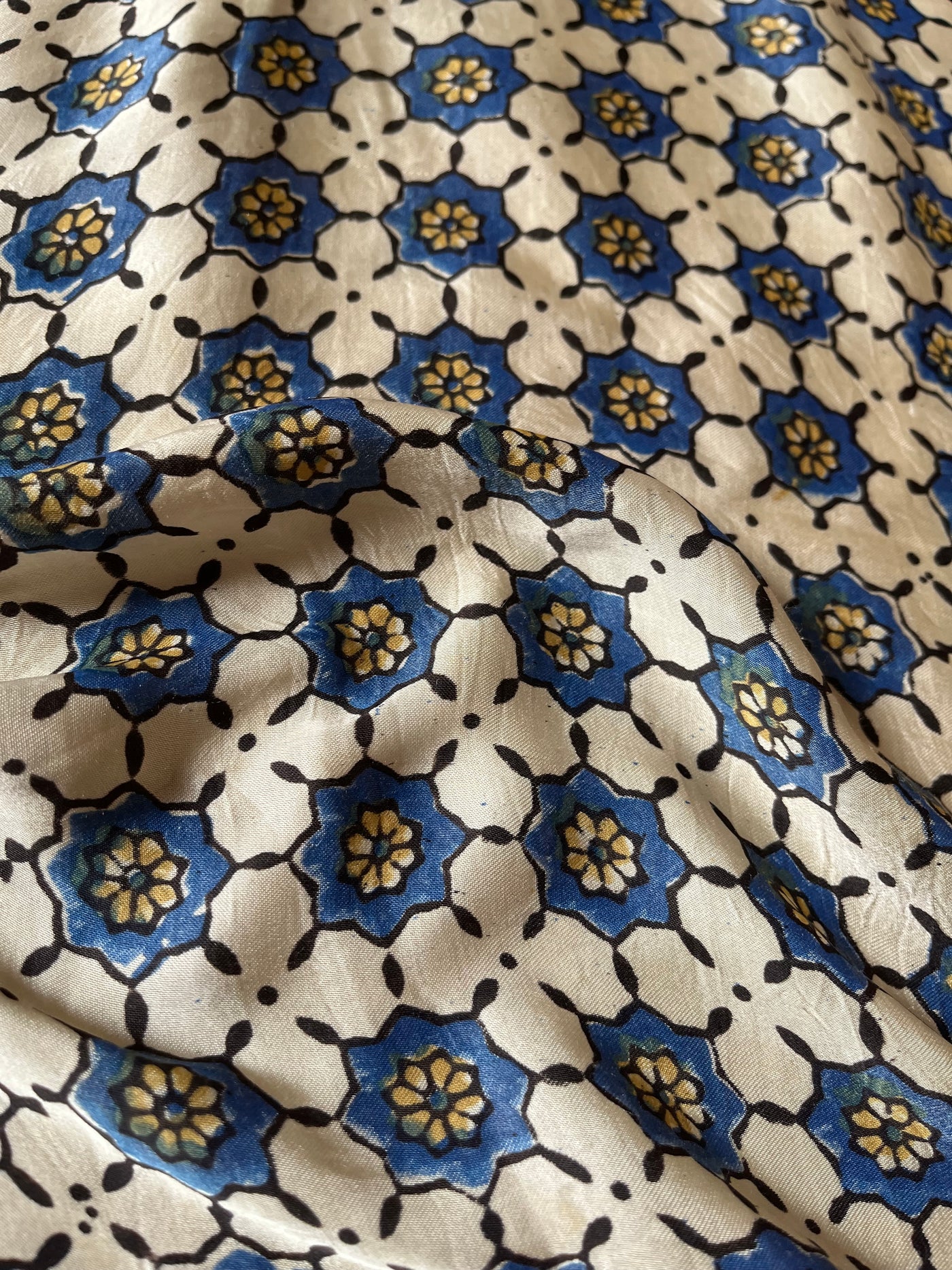 White star:  Handblock Printed Ajrakh Modal Silk Fabric