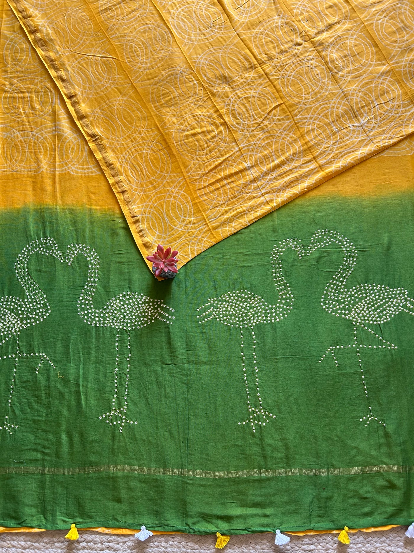 GENDA PHOOL: HANDMADE NUI SHIBORI-BANDHANI PURE SILK-COTT SAREE