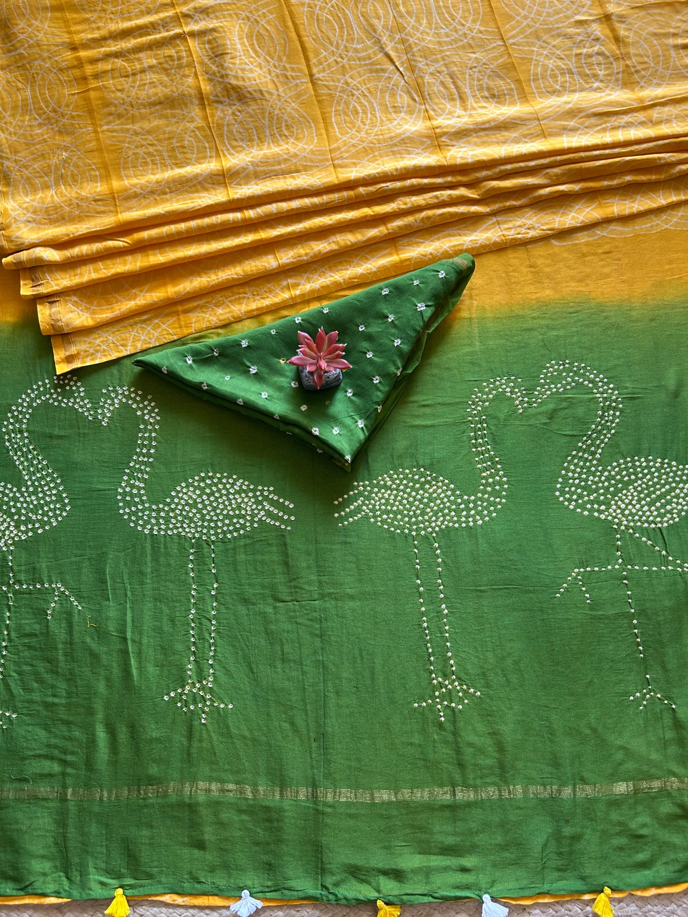 GENDA PHOOL: HANDMADE NUI SHIBORI-BANDHANI PURE SILK-COTT SAREE