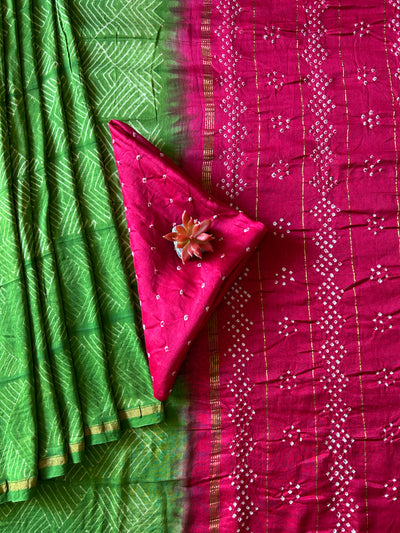 ALBELI: HANDMADE NUI SHIBORI-BANDHANI PURE SILK-COTT SAREE