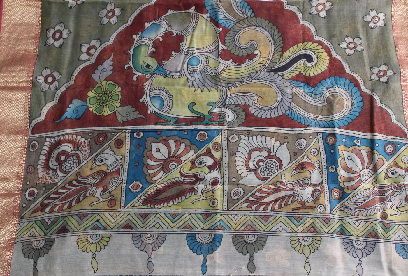 MORNI: Handloom Maheshwari Pen Kalamkari Saree