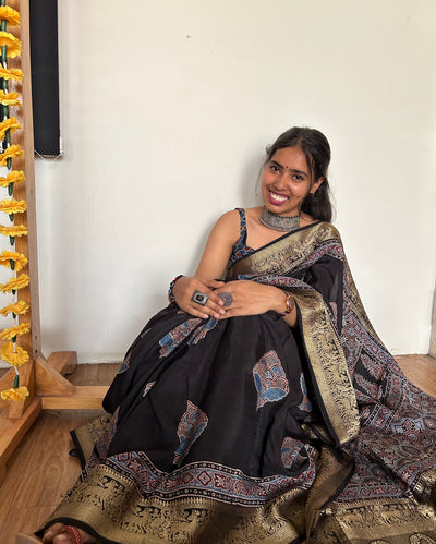 Meera: Handblock Dola silk ajrakh sari
