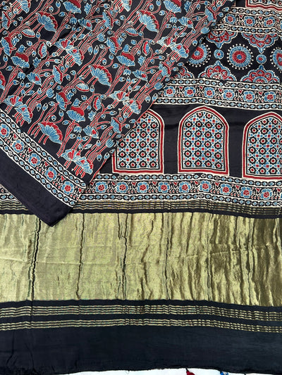 KRISHNA : Handblock Modal Silk Tissue Ajrakh Saree