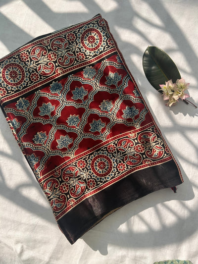 PURNA: Handblock Modal Silk Tissue Ajrakh Saree