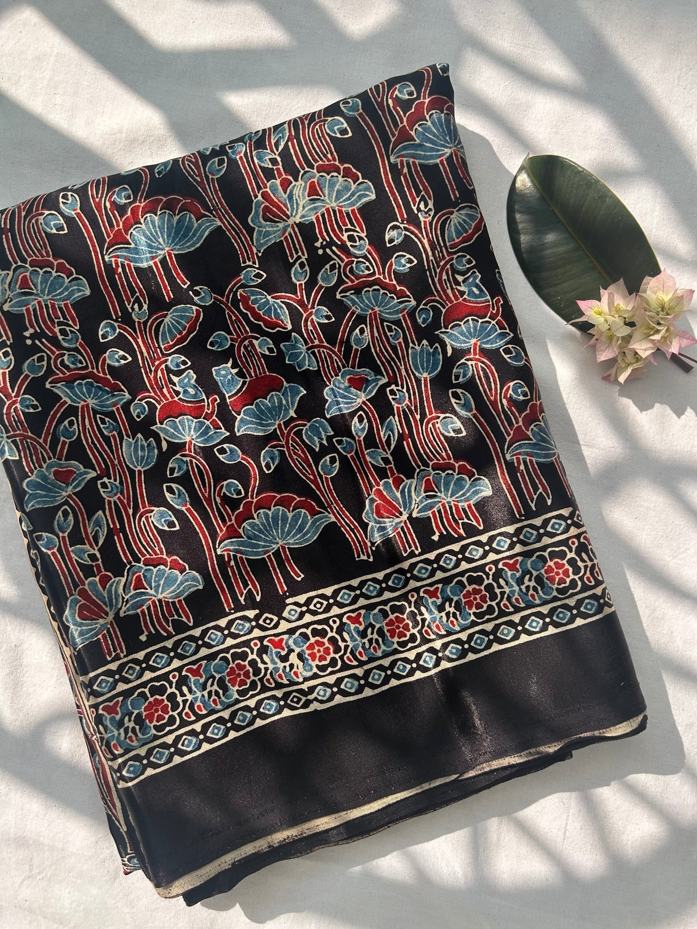 KRISHNA : Handblock Modal Silk Tissue Ajrakh Saree