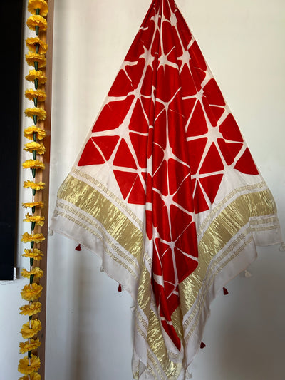 RED SHINE: HANDMADE CLAMP DYED MODAL SILK TISSUE DUPATTA