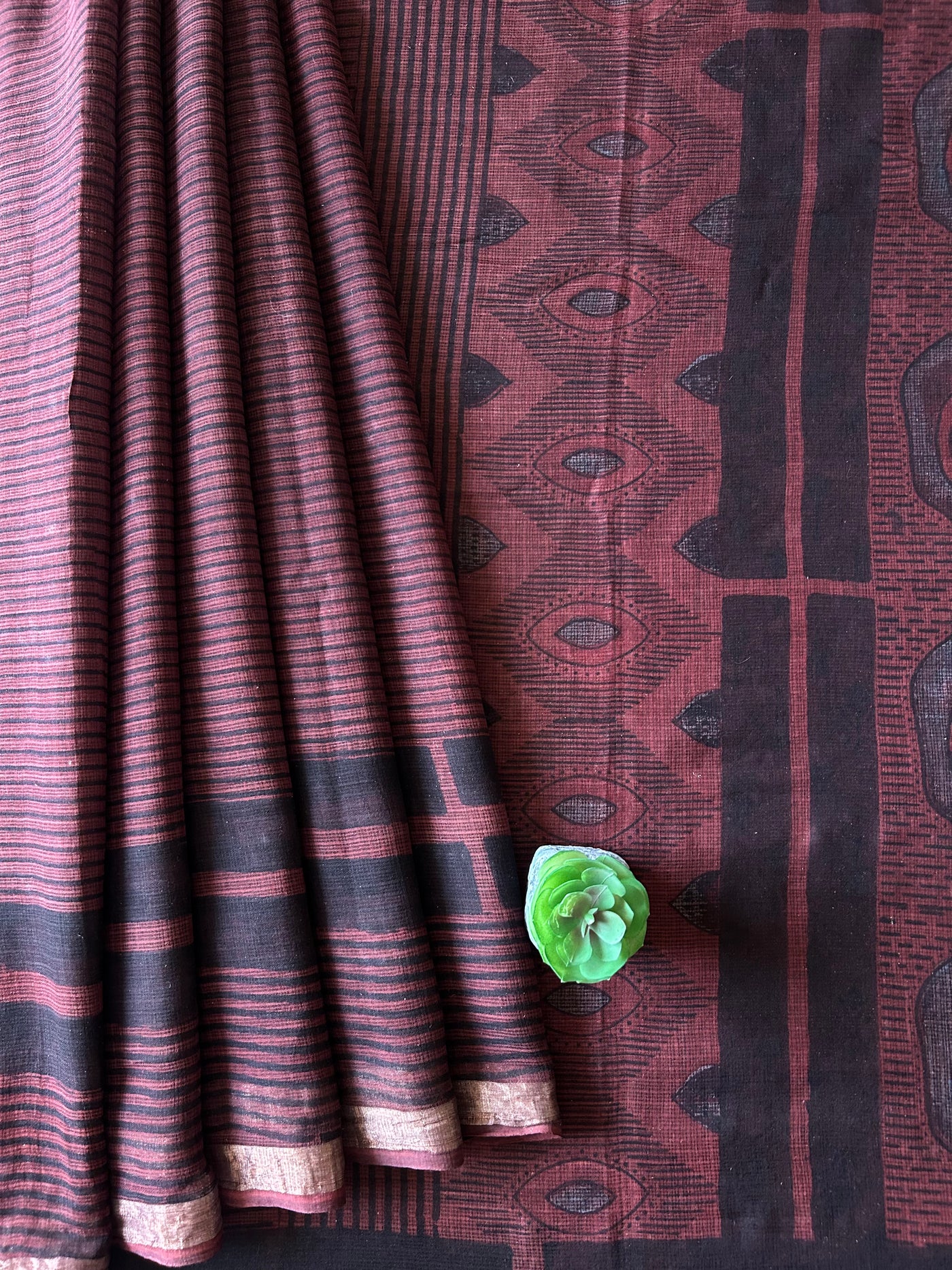 Rozy:Brown,Handblock Ajrakh Kota Doria Saree