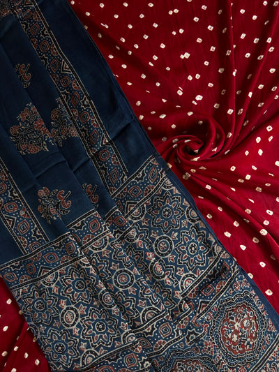 DISHA: HANDMADE BANDHANI MODAL SILK 3 PIECE SUIT SET WITH AJRAKH DUPATTA