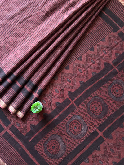 Rozy:Brown,Handblock Ajrakh Kota Doria Saree