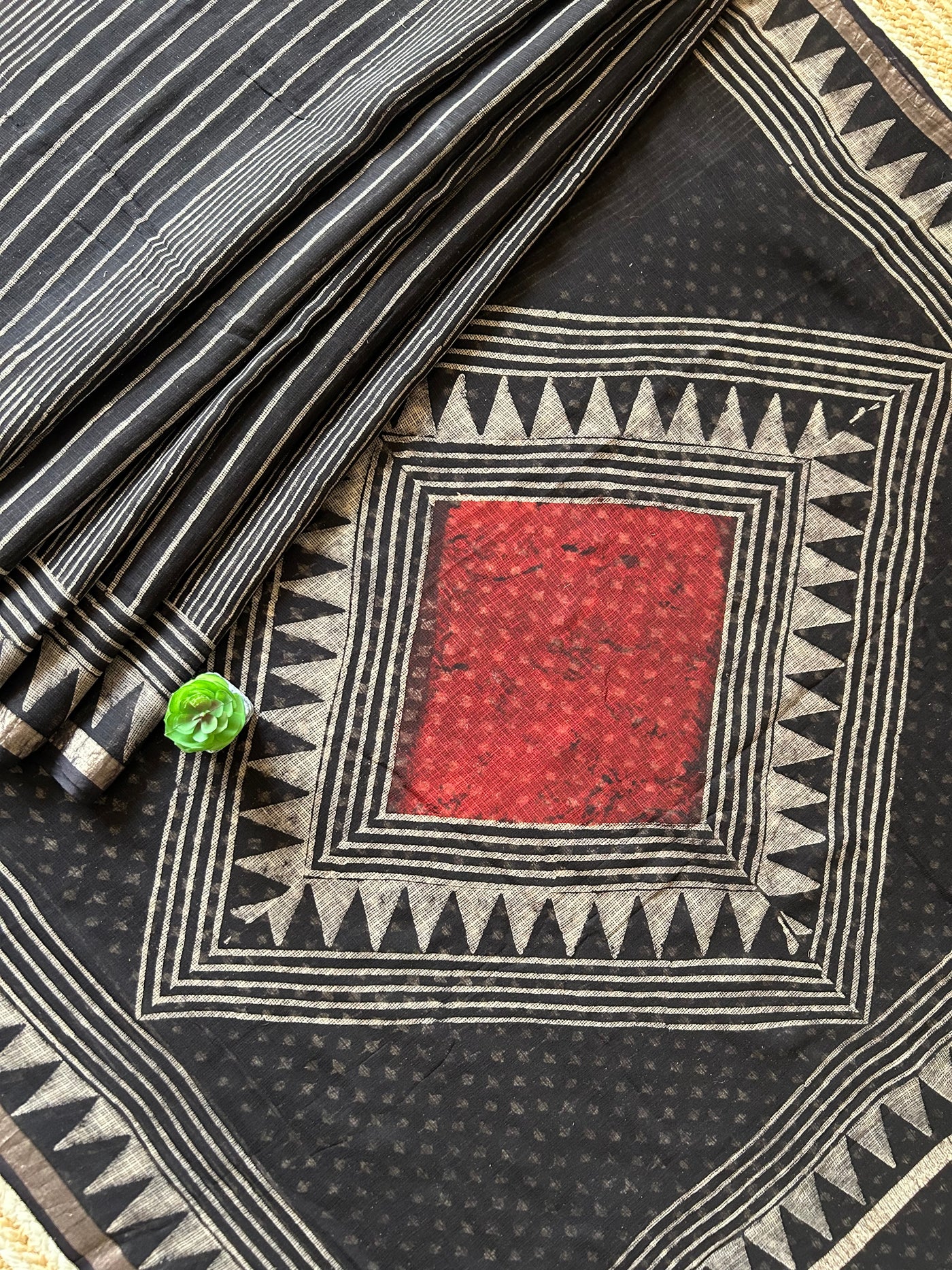 Margarita:Black,Handblock Ajrakh Kota Doria Saree