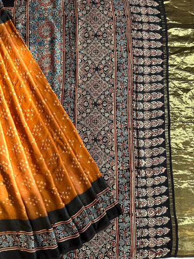 AMBER: AJRAKH BANDHEJ TISSUE MODAL SILK SAREE