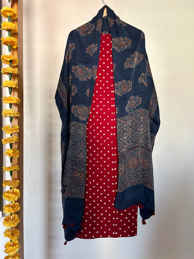 DISHA: HANDMADE BANDHANI MODAL SILK 3 PIECE SUIT SET WITH AJRAKH DUPATTA