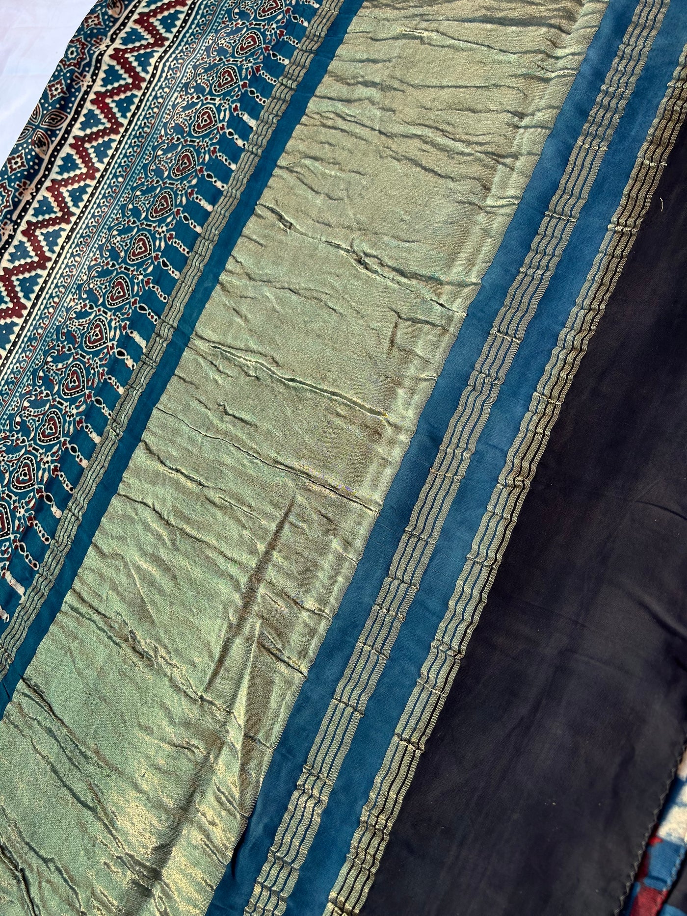 LATIKA: Handblock Modal Silk Tissue Ajrakh Saree