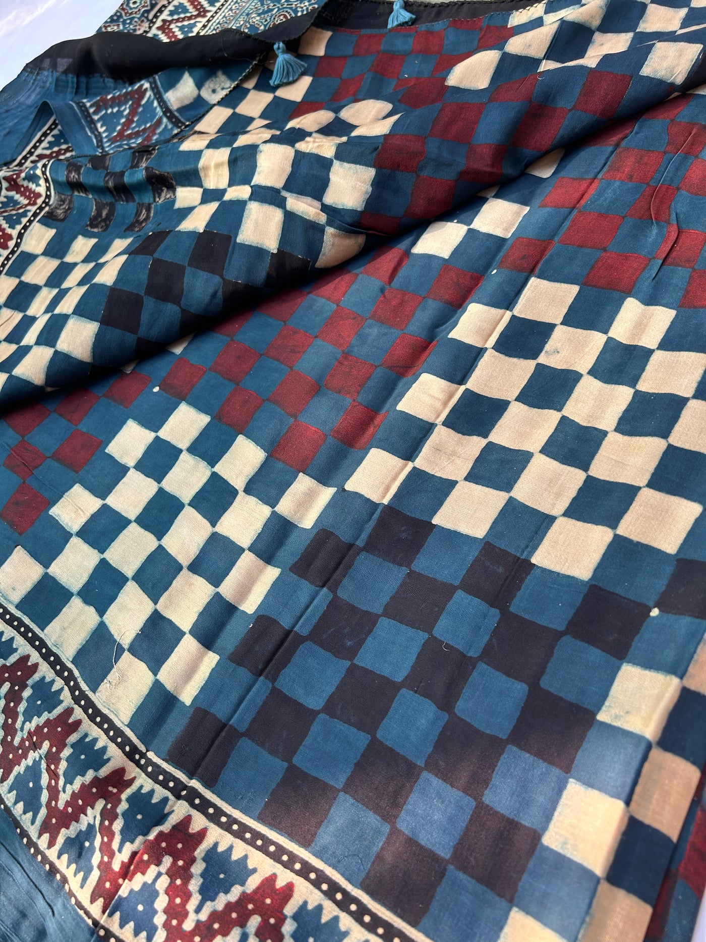 LATIKA: Handblock Modal Silk Tissue Ajrakh Saree