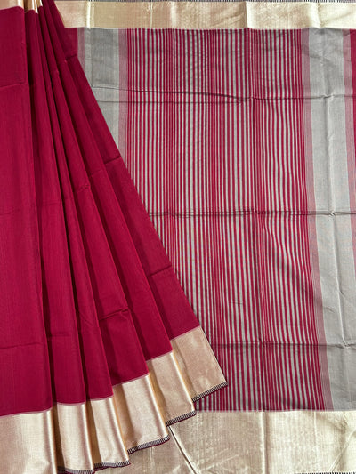 GAURI: Handloom Silk-Cott Maheshwari Saree With Zari Border