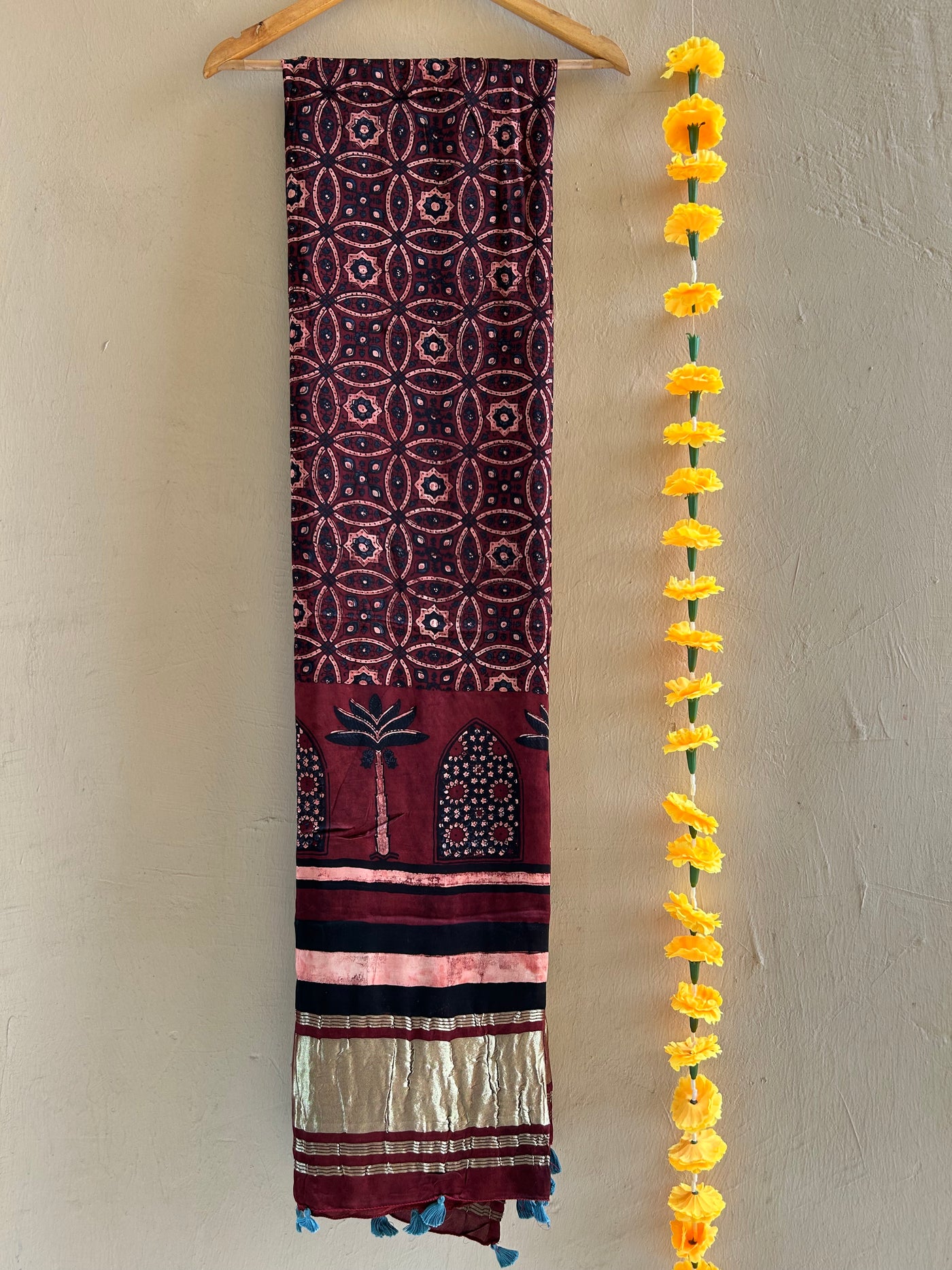 SAROJANI: HANDBLOCK AJRAKH MODAL SILK TISSUE DUPATTA.