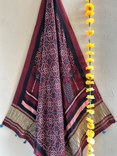 SAROJANI: HANDBLOCK AJRAKH MODAL SILK TISSUE DUPATTA.