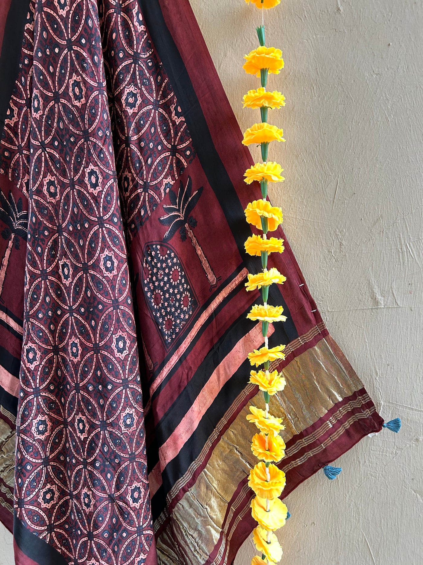 SAROJANI: HANDBLOCK AJRAKH MODAL SILK TISSUE DUPATTA.