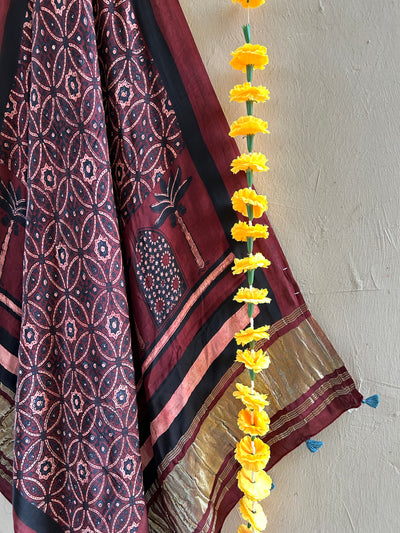 SAROJANI: HANDBLOCK AJRAKH MODAL SILK TISSUE DUPATTA.