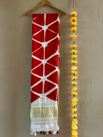 RED SHINE: RED,HANDMADE CLAMP DYED MODAL SILK TISSUE DUPATTA