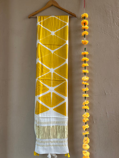 SURAJMUKHI: YELLOW,HANDMADE CLAMP DYED MODAL SILK TISSUE DUPATTA