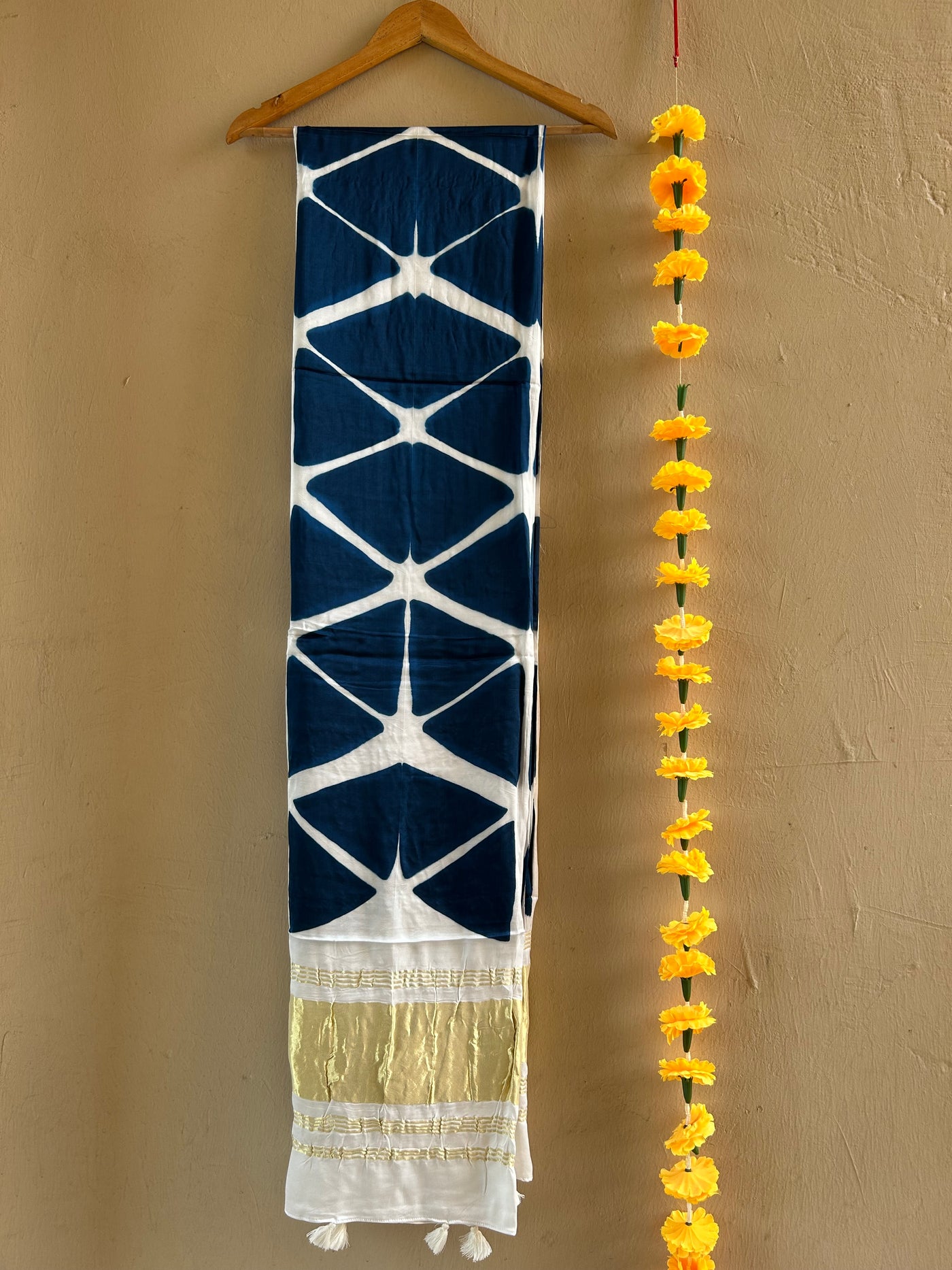 BLUE SHINE: DARK BLUE,HANDMADE CLAMP DYED MODAL SILK TISSUE DUPATTA
