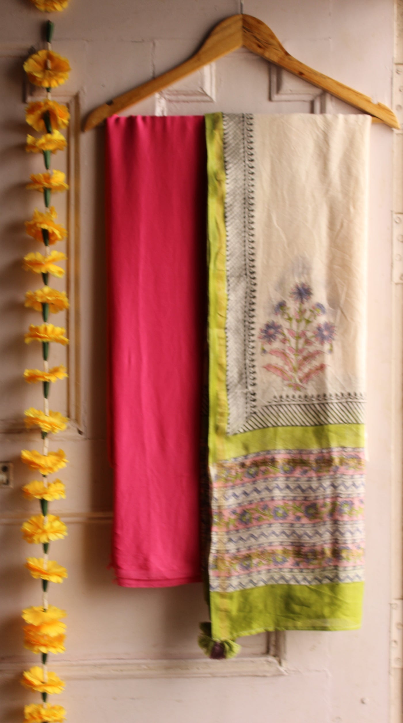 ROSY: Handblock BAGRU CHANDERI SILK DUPATTA WITH SOLID MODAL SILK SUIT SET