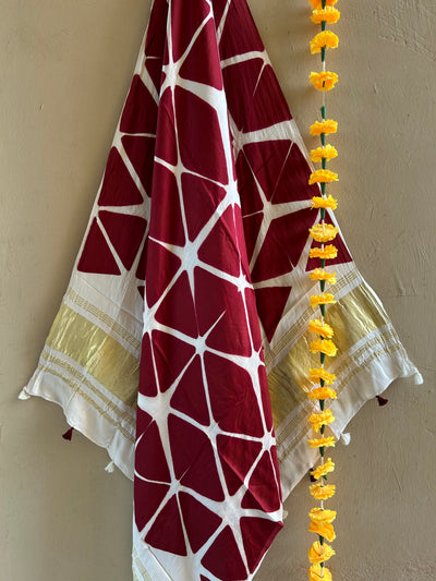 LAAL MOTI: MAROON,HANDMADE CLAMP DYED MODAL SILK TISSUE DUPATTA