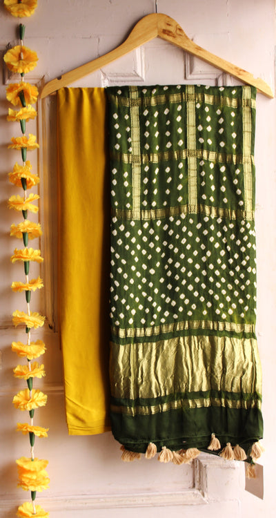 SARASWATI : Handmade Bandhani Gharchola Tissue Modal Silk Dupatta with Solid Modal Silk Suitset