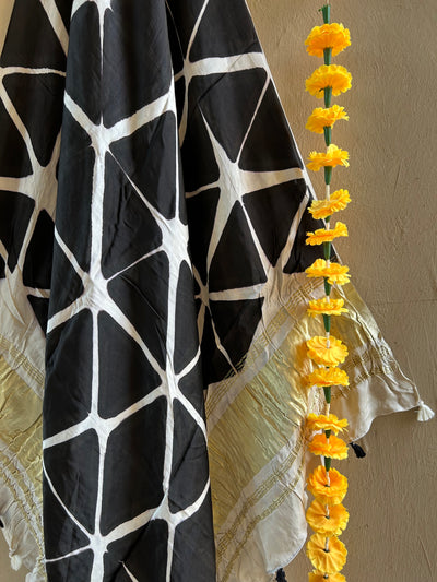 BLACK PEARL: BLACK,HANDMADE CLAMP DYED MODAL SILK TISSUE DUPATTA