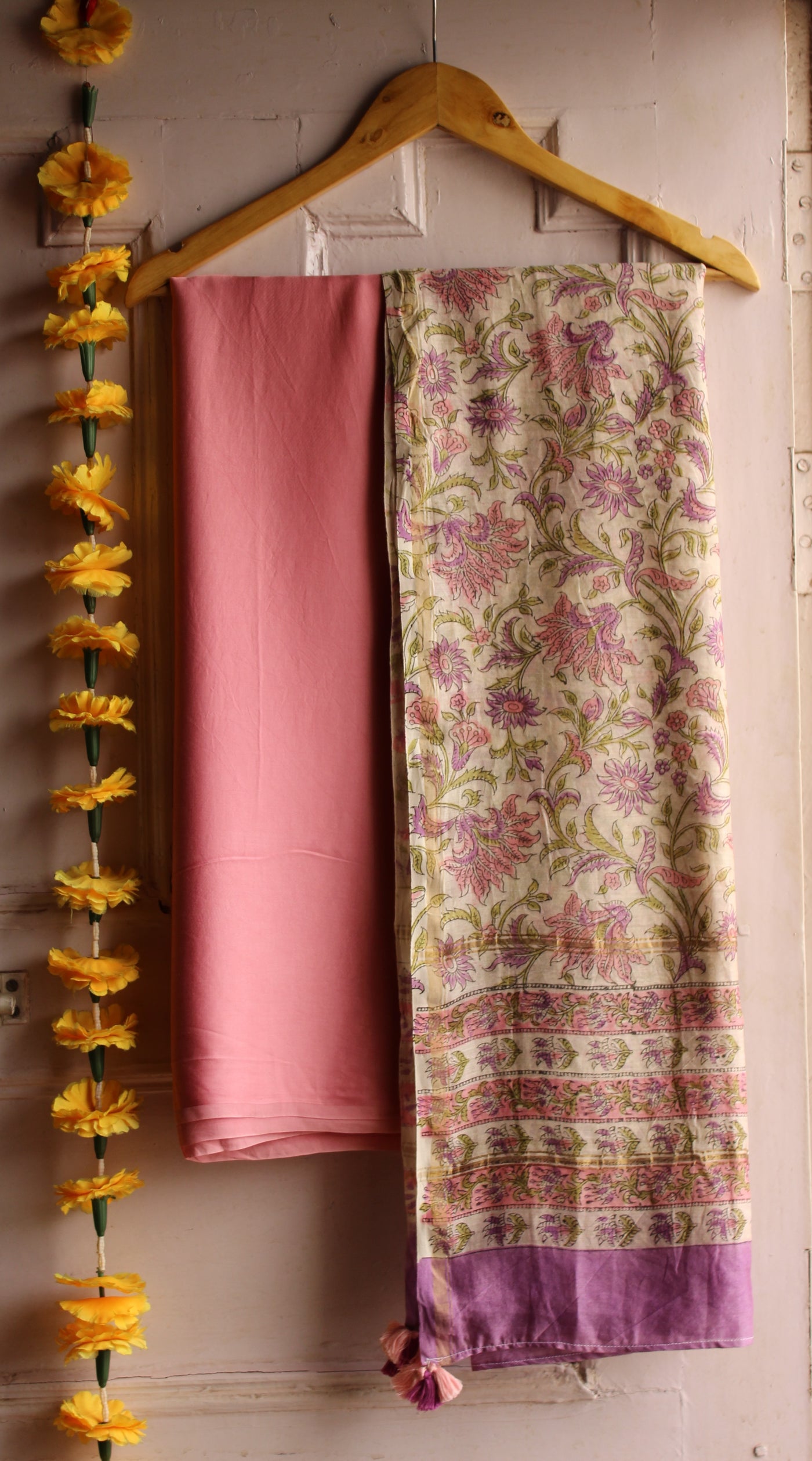 LILY: Handblock BAGRU CHANDERI SILK DUPATTA WITH SOLID MODAL SILK 2 PC SUIT SET